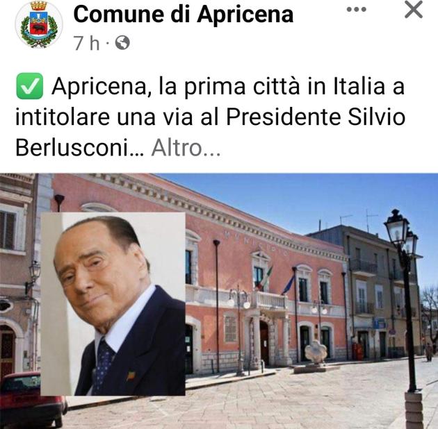 Apricena, via intitolata a Silvio Berlusconi: il comune di Foggia è il primo in Italia
