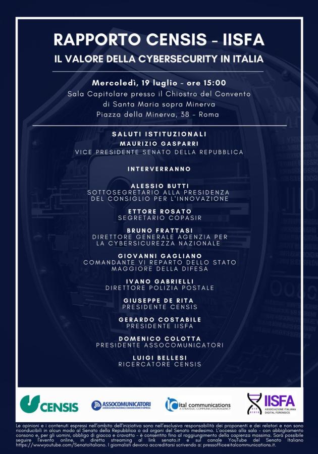 Presentazione al Senato del Rapporto CENSIS-IISFA “Il valore della Cybersecurity in Italia”