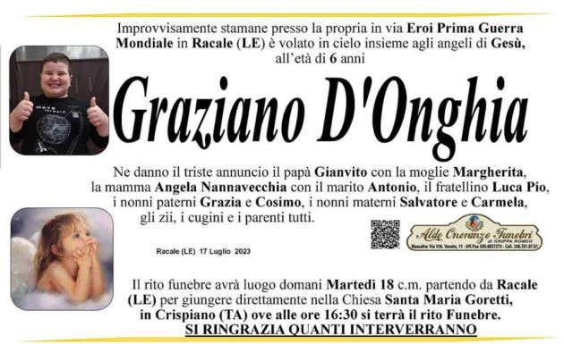 Lecce, Graziano morto a 6 anni per un malore improvviso, domani i funerali nel giorno del suo compleanno