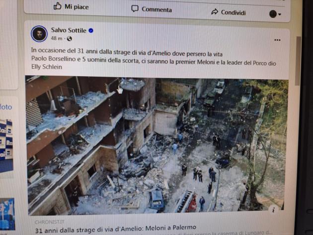 Salvo Sottile sui 31 anni della Strage di via D'Amelio: "Ci saranno la premier Meloni e la leader del P**** D** Elly Schelin"; il post poi rimosso