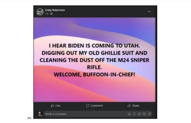 Biden nello Utah, il post su fb: "Quando lo vedrò, rispolvererò il mio fucile"; ucciso dall'Fbi l'autore Craig Robertson in un blitz
