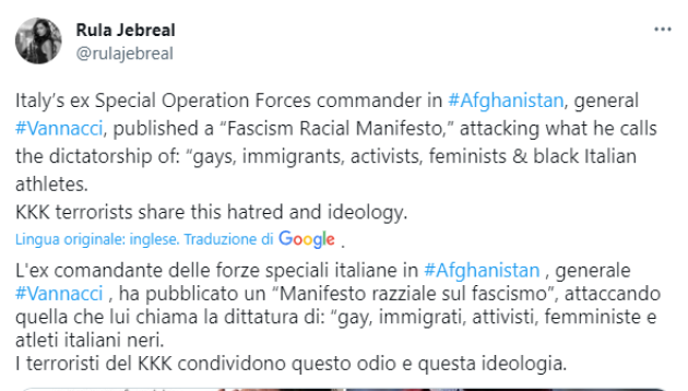 Vannacci, Jebreal su Twitter: “Libro manifesto razziale sul fascismo, ideologia da terrorista del Ku Klux Klan”