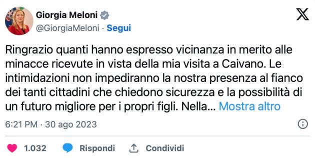 Meloni a Caivano, minacce social: “Devi morire, siamo senza RdC, non torni a casa”, Schlein: “Intollerabile”