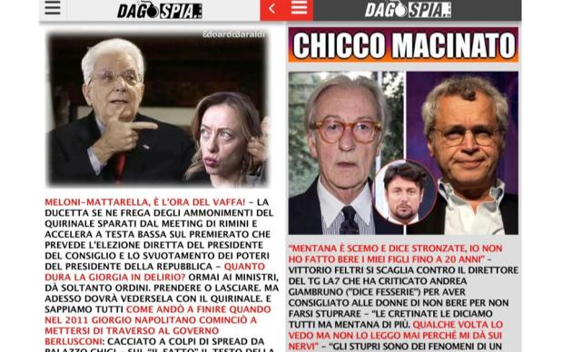 Caso Giambruno, botta e risposta tra Mentana e Feltri al GdI finisce in apertura su Dagospia, idem lo scontro Meloni-Mattarella sul premierato