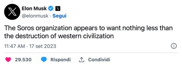 Musk attacca Soros sui migranti a Lampedusa: "C'è lui dietro gli sbarchi, vuole distruggere l'Occidente"