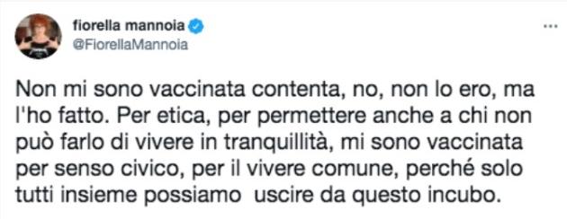 Vaccino Covid, Fiorella Mannoia: “Non sono contenta di essermi vaccinata, l’ho fatto per etica”