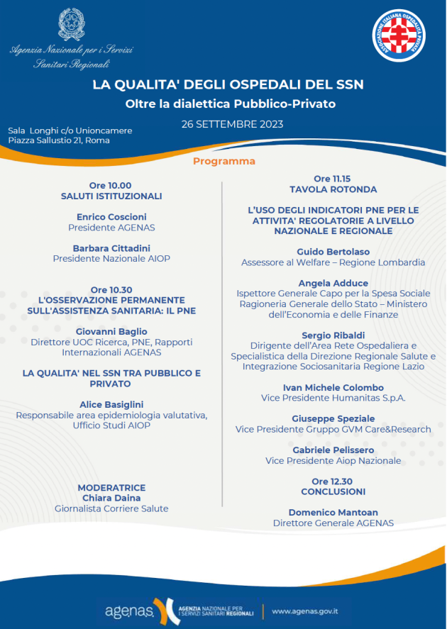 Agenas e Aiop presentano il Rapporto sulla qualità degli ospedali del SSN, oltre la dialettica pubblico-privato