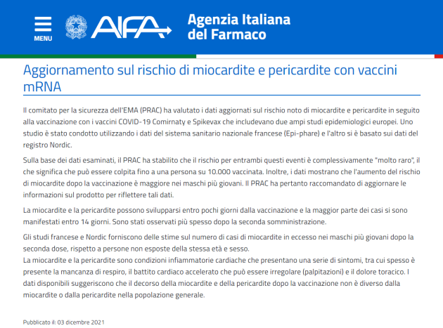 Vaccino Covid, l'Aifa: "Rischio miocarditi e pericarditi con inoculazione di Pfizer o Moderna, specialmente dopo 2^ dose e tra i maschi giovani"