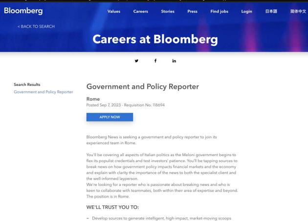 Bloomberg, annuncio di lavoro choc contro il governo: "Meloni populista, cerchiamo reporter che influenzi mercati finanziari"