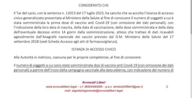 Effetti avversi vaccino Covid, istanza di accesso Ali e Adv a Ministero Salute, Iss, Aifa e Istat: "Diteci quanti i morti entro 14 giorni dall'inoculazione"