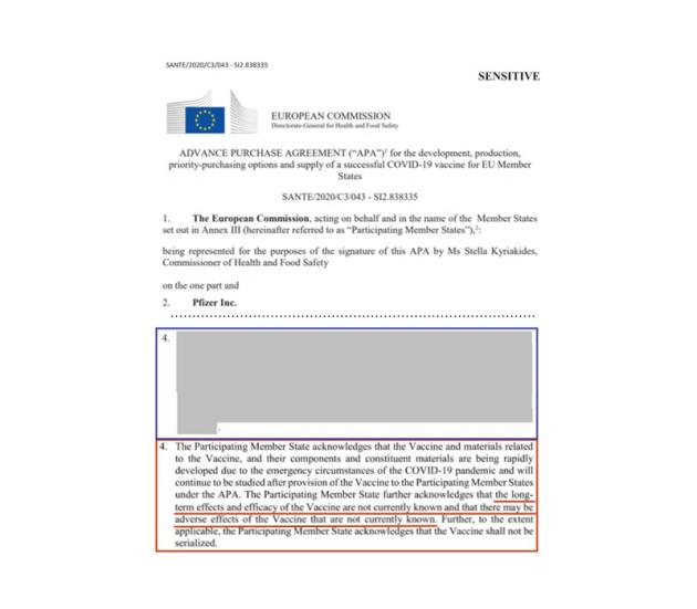 Vaccino Covid e il contratto di acquisto tra Commissione Europea e Pfizer, 25 articoli “omissis”, tra cui l’art 1.4: “Possibili reazioni avverse e ignoti effetti a lungo termine” e l'art I.12: "Stati 