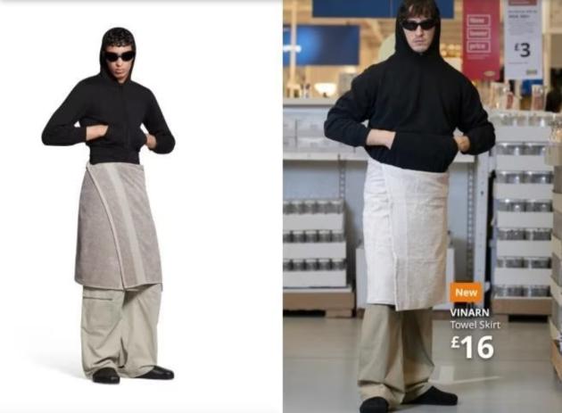 Balenciaga, gonna-asciugamano da 695 euro, tra le reazioni lo sbeffeggio di Ikea con un’ironica versione low cost da 18 euro