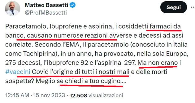 Bassetti: "Per l'Ema in Ue tachipirina ha ucciso 275 persone, 92 ibuprofene e 297 l'aspirina. Ma non era il vaccino Covid ad uccidere?", il web: "Ma non eri tu quello della 'Tachipirina e vigile attes