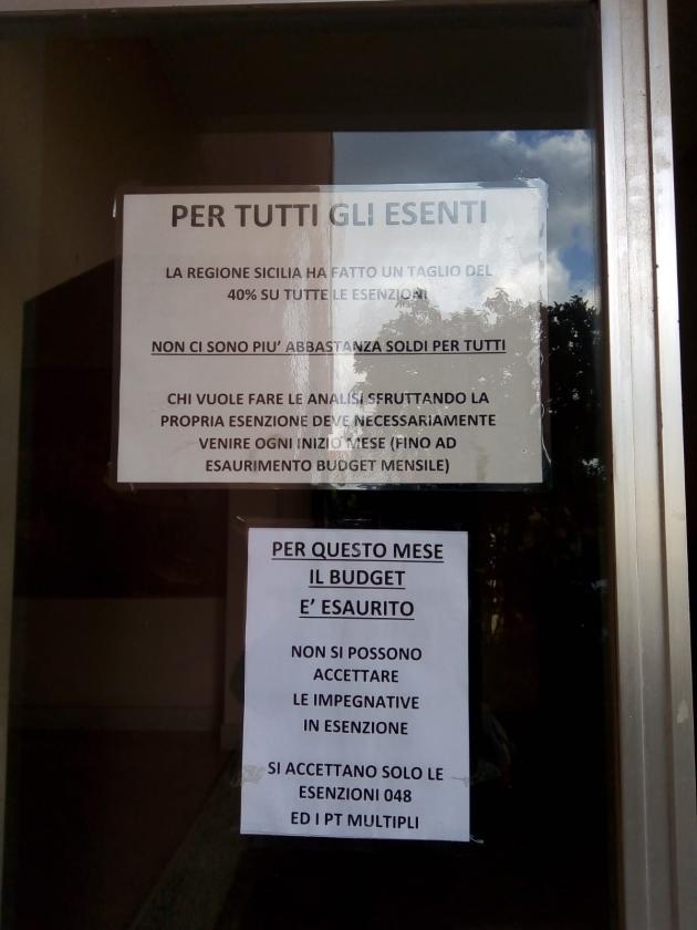 Regione Sicilia, taglio di oltre il 40% per i ticket sanitari esenti, esaurito il budget si deve pagare