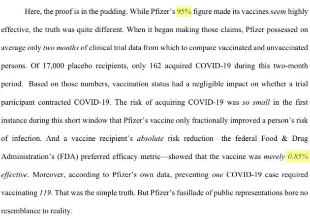 Texas fa causa a Pfizer, "efficacia del vaccino Covid è dello 0,85%, non 95%: censurata verità e raccontate fake news” - PDF