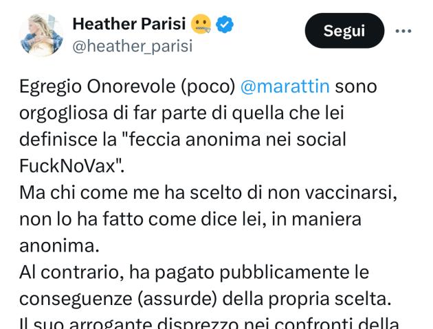 Lettera a Luigi Marattin: "Orgogliosa di far parte della 'feccia anonima nei social FuckNoVax', ho pagato le conseguenze ma sono libera a differenza sua"