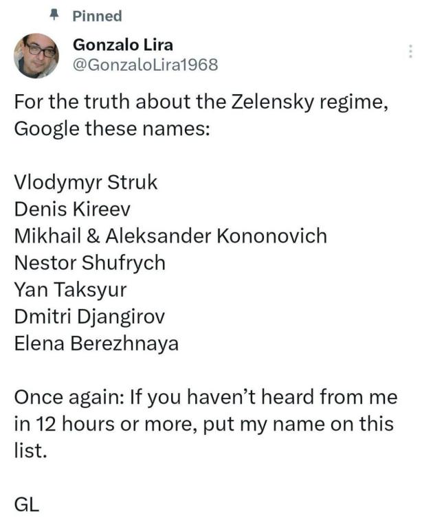 Gonzalo Lira: “Per la verità su regime Zelensky cercate questi nomi” e cita gli oppositori del governo: Struk, Kireev, i fratelli Kononovich, Shufrych, Taksyur, Djangirov e Berezhnaya