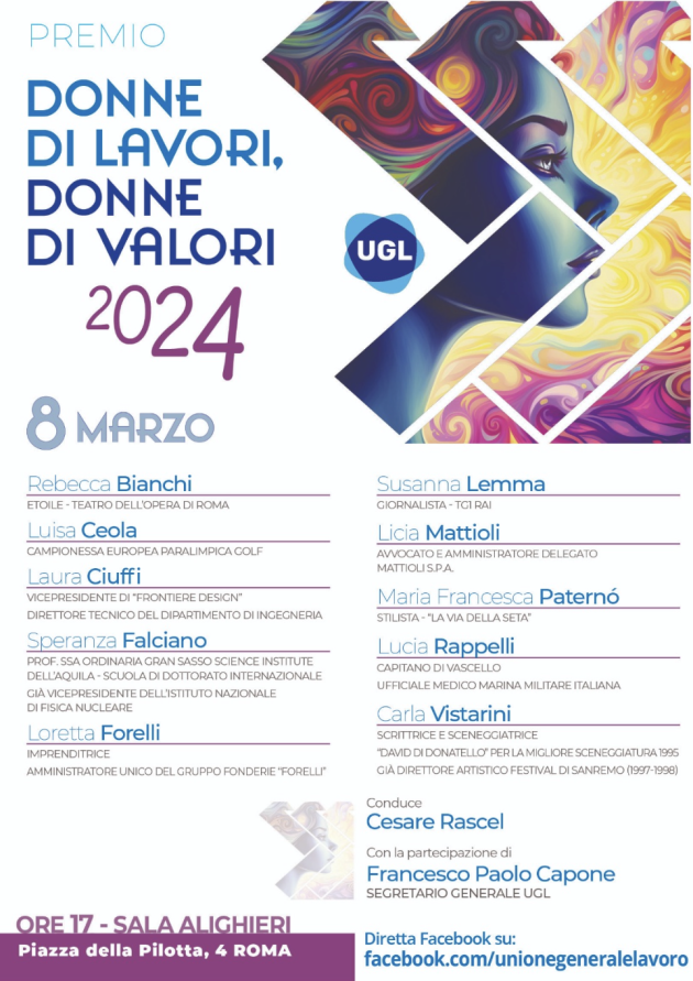 Premio UGL “Donne di Lavori, Donne di Valori” Venerdì 8 Marzo 2023  Giornata Internazionale dei Diritti delle Donne