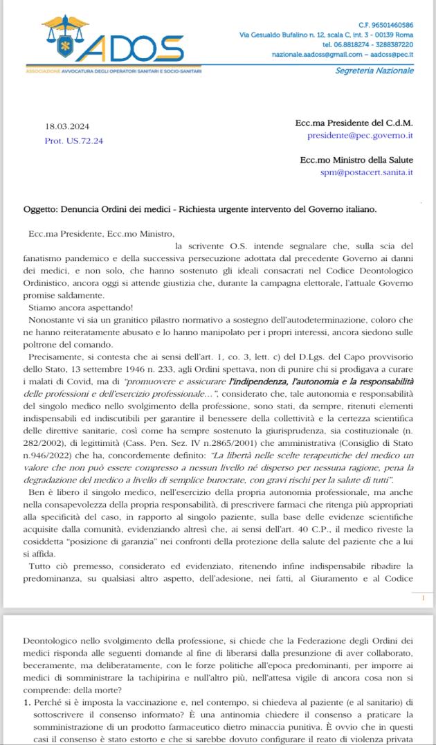 Vaccino Covid, ADOS: "Ordine dei medici asservito alla politica, imposta vaccinazione con obbligo di consenso informato, silenzio su reazioni avverse post-siero: governo risponda" - PDF