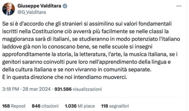 Valditara, il post con errore di grammatica del ministro: “Se nelle scuole si insegni”, il web: “Se nelle scuole si insegni, di sicuro si impari"