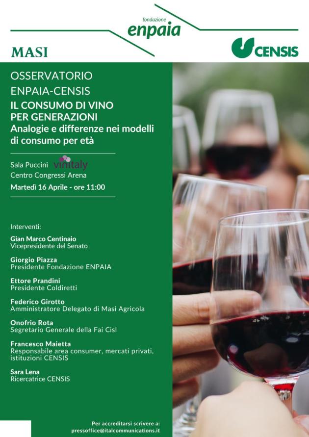 Al Vinitaly la presentazione dell’Osservatorio Enpaia-Censis “Il consumo di vino per generazioni: analogie e differenze nei modelli di consumo per età”