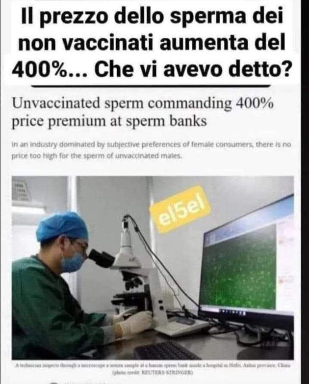 Covid, "prezzo sperma di non vaccinati in aumento del 400%, boom di richieste da parte di donne che desiderano avere figli"