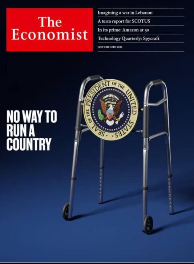 Economist affonda joe biden con un deambulatore in copertina: "Si ritiri, è confuso e inadeguato, toglietegli i codici nucleari"