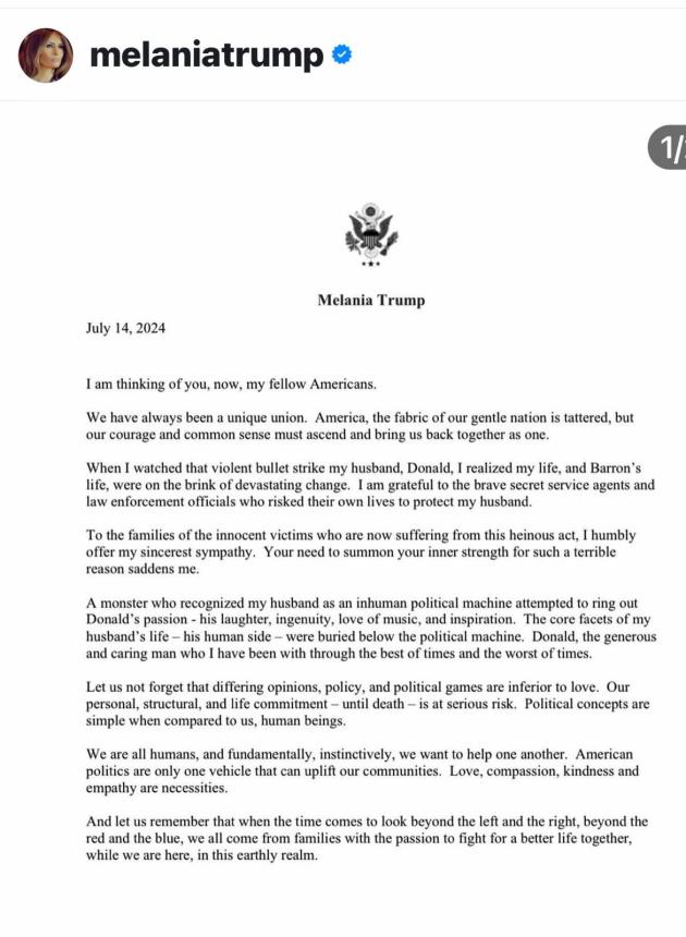 Attentato a Donald Trump, la moglie Melania: "L'attentatore era un mostro che voleva spegnere la sua passione, la sua risata e il suo ingegno"