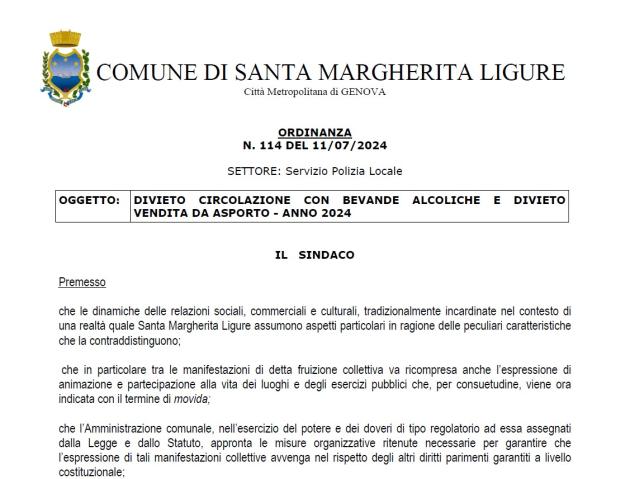 Santa Margherita Ligure, virata del neo-sindaco Caversazio al decoro urbano, no al costume fuori dalla spiaggia, vietati alcolici di notte - PDF