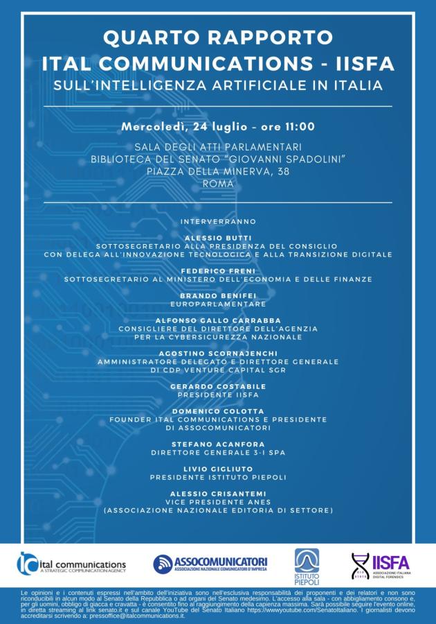 Presentazione al Senato del Quarto Rapporto Ital Communications -IISFA sull’Intelligenza Artificiale in Italia