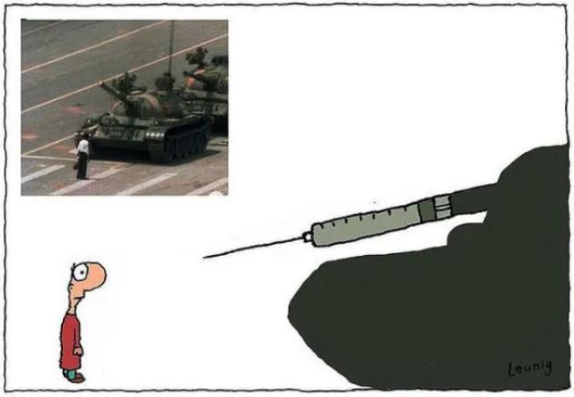 Michael Leunig licenziato resistenza vaccino Covid obbligatorio Cina  1989 carrarmato siringa piazza Tienanmen tank man