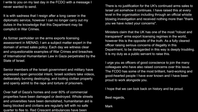 UK dimissioni diplomatico FCDO Mark Smith  vendita  armi Israele Gaza complici genocidio crimini di guerra Idf lettera mail