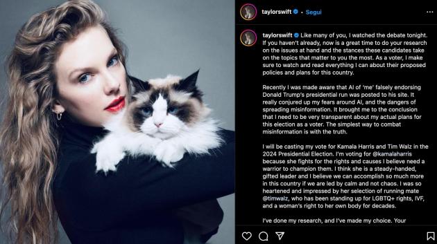 Taylor Swift dà l'endorsement a Kamala Harris: "Meglio lei che il caos", Musk: "Conduttori non imparziali, forza Trump"