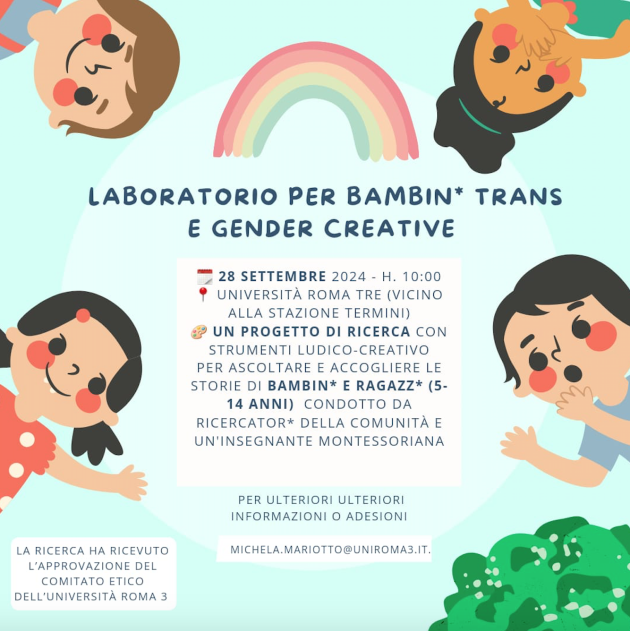 “Laboratorio per bambini trans e gender creative” a Roma, Pro Vita&Famiglia: “Sconcertante, i più piccoli non sanno nemmeno scrivere il loro nome”