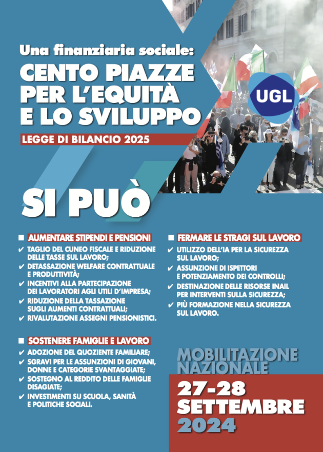 Al via la mobilitazione nazionale UGL “Cento piazze per l’equità e lo sviluppo”