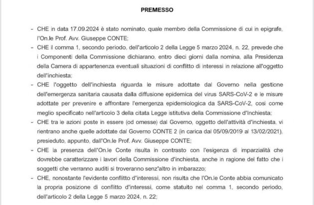Commissione Covid, Associazione Decisa: "Revoca nomina Conte come componente, discusse anche sue misure, conflitto d'interessi"