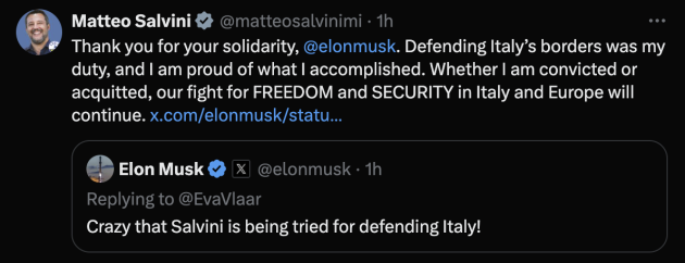 Elon Musk difende Salvini su X