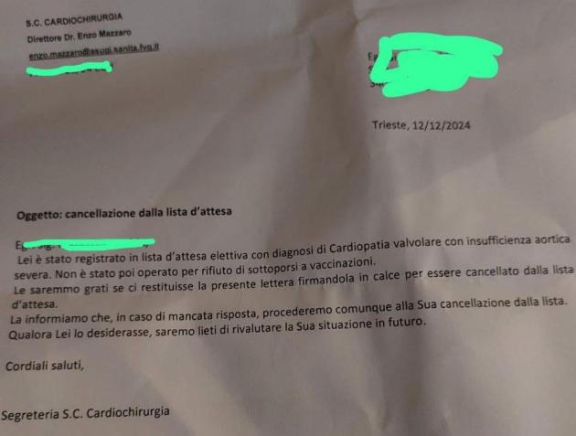 Ospedale di Trieste annulla operazione al cuore a cardiopatica senza vaccino Covid con "insufficienza aortica severa", cancellato dalla lista d’attesa