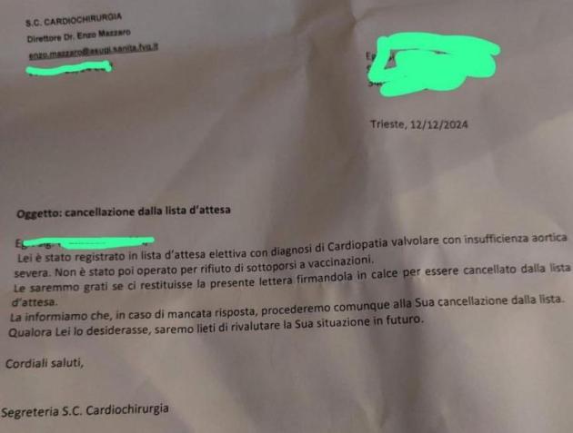 Cattinara (TS), ospedale annulla operazione al cuore a paziente non vedente perché senza vaccino Covid, ma rischia di morire