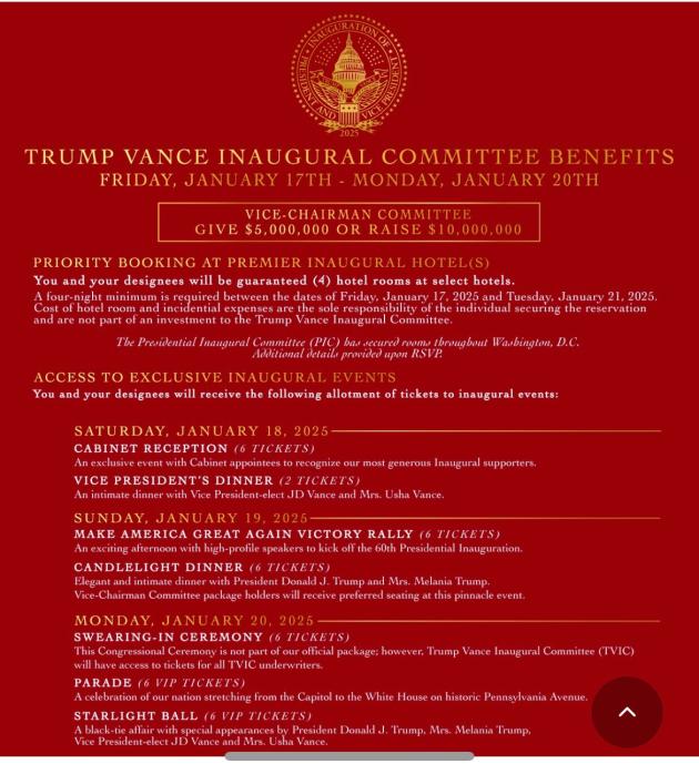 Insediamento Trump, il LISTINO per la partecipazione agli eventi: 10mln$ per il ricevimento al gabinetto presidenziale e per la cena con il neo presidente e Vance