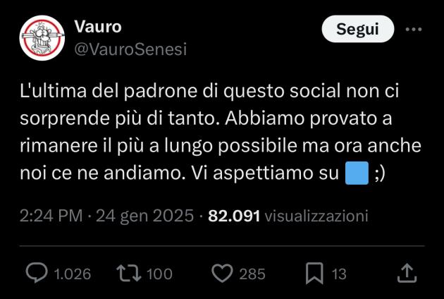 Anche Vauro lascia X: “Dopo l’ultima di Musk mi trasferisco su Blue Sky”, gli utenti: “Adesso il CEO di X cadrà in depressione”