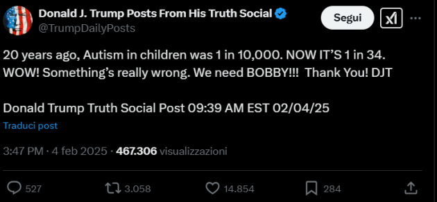 Autismo e "correlazione con i vaccini ai bambini", Trump: "20 anni fa 1 caso su 10mila, oggi 1 su 34"