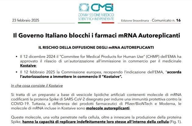 Vaccino Covid autoreplicante “Kostaive", allarme del CMSI: "Diffonde mRNA  e Spike in tutti i tessuti passando da specie a specie senza barriere, enorme rischio biologico"
