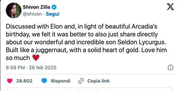 Elon Musk padre per la 14esima volta, è nato Seldon Lycurgus, il  4 figlio avuto da Shivon Zilis, dirigente di Neuralink