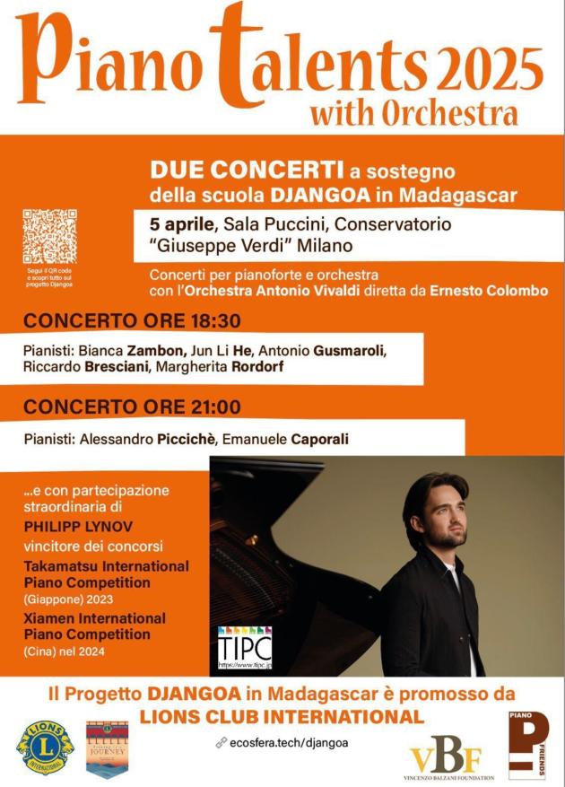 Sabato 5 aprile 2025  al Conservatorio Giuseppe Verdi di Milano due concerti, ad ingresso libero, per pianoforte ed orchestra, organizzati dall'associazione Pianofriends