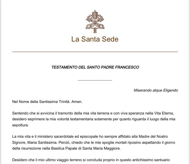 Testamento di Papa Francesco: "Sepolto a Santa Maria Maggiore con il solo nome Franciscus, un benefattore anonimo pagherà i miei funerali" - PDF