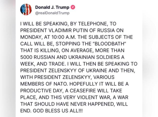Ucraina, Trump: “Lunedì chiamerò Putin e poi Zelensky per fermare il ‘bagno di sangue’, spero finisca questa guerra molto violenta”