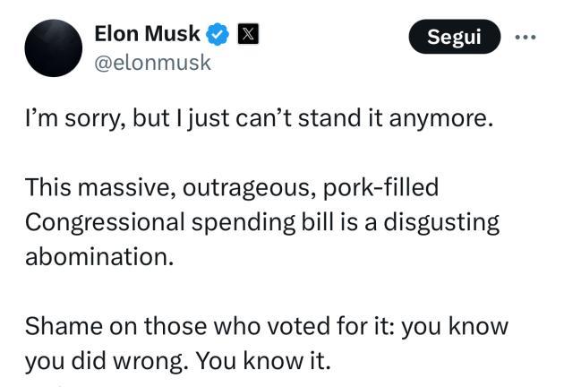 Musk affonda legge fiscale di Trump: “Abominio disgustoso, aumenterà deficit di bilancio a 2,5 trilioni $, vergogna a chi l’ha votata”