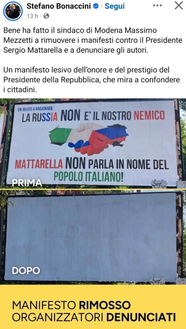 Bonaccini si vanta della rimozione di un cartellone a sostegno della Russia, negata anche la libertà di espressione