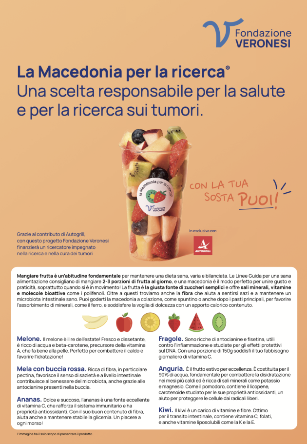 Autogrill e Fondazione Umberto Veronesi ETS,  al via la 4ª edizione de “La macedonia per la ricerca” per sostenere la nutrigenomica